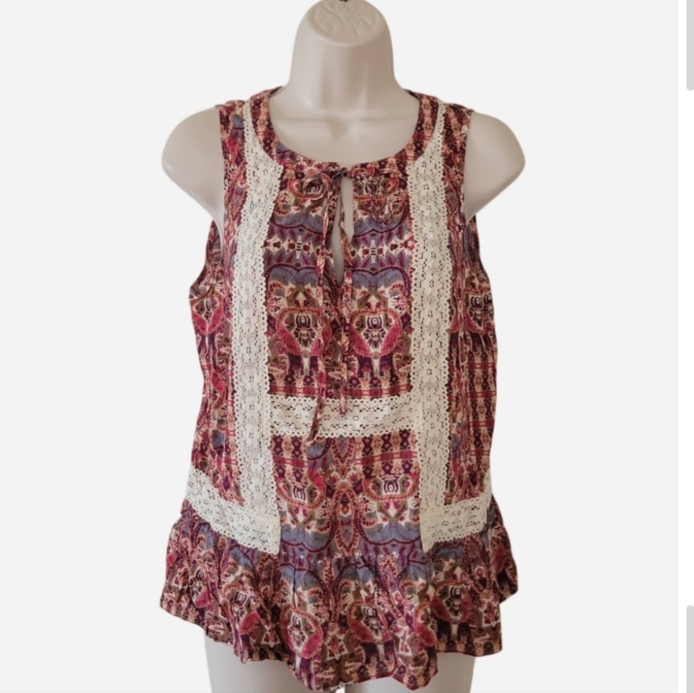 Boho Sleeveless Printed Top with Lace